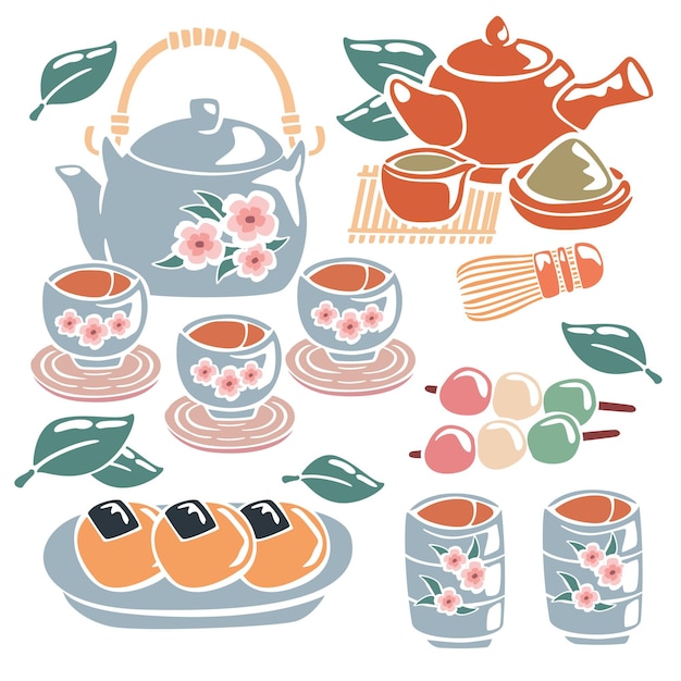 無料ベクター 手描きの日本茶セット