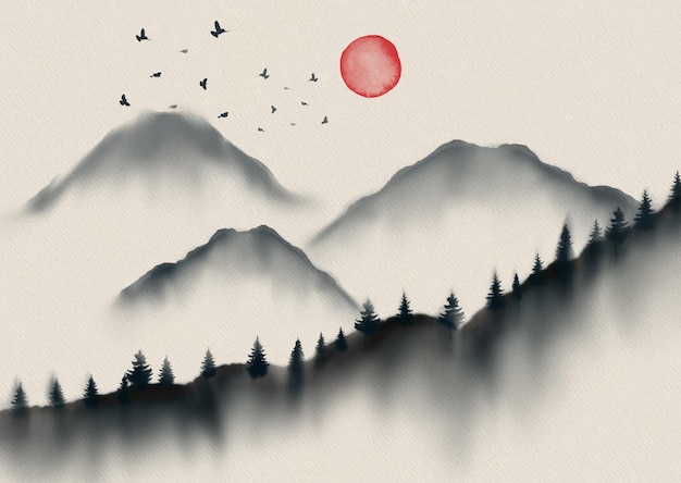 Бесплатное векторное изображение Пейзаж ручной росписи в традиционном японском тематическом стиле