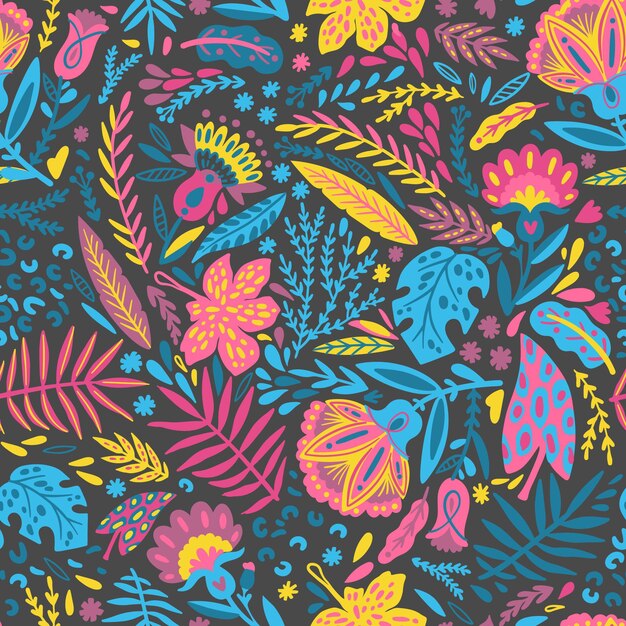 Hand painted leaves and exotic flowers pattern