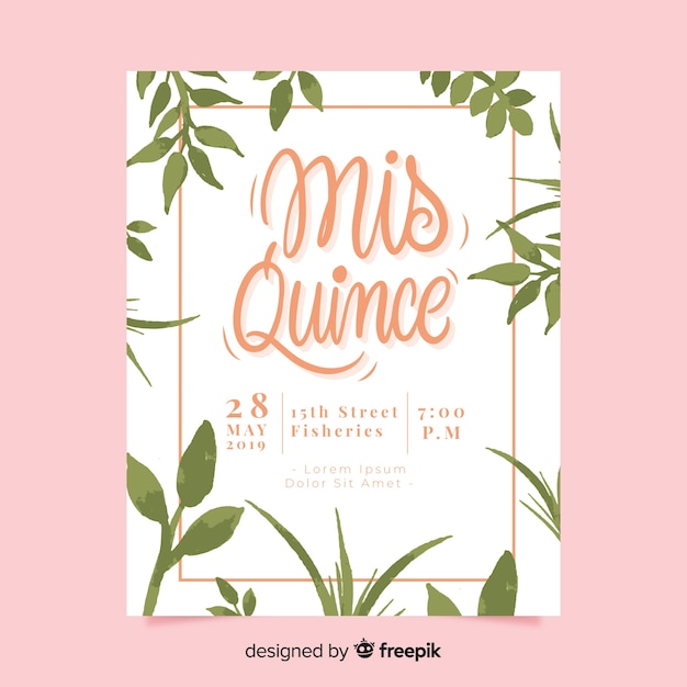 Free vector hand painted leaves quinceanera card template