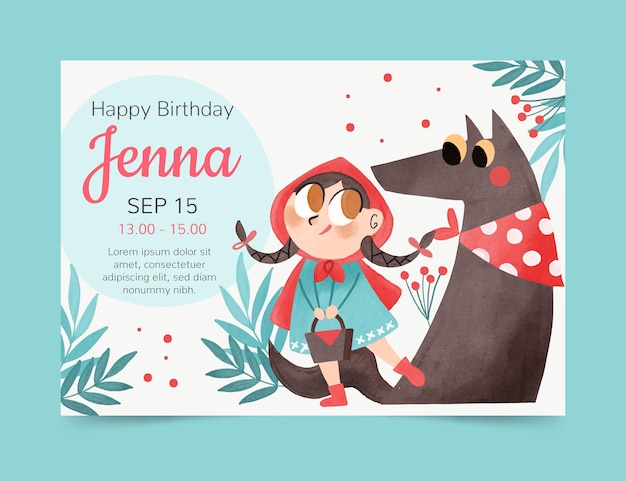 Hand painted little red riding hood birthday invitation