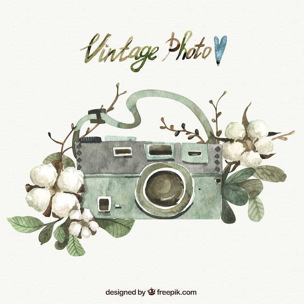 Free vector hand painted photography camera and flowers