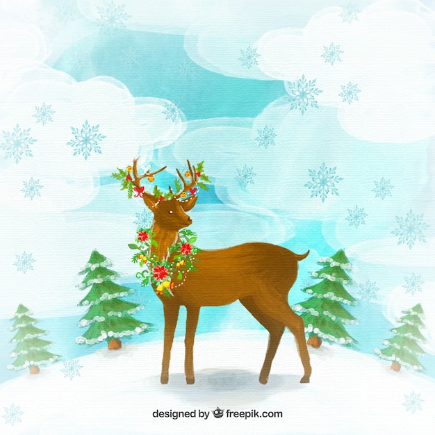 Free vector hand painted reindeer with flowers background