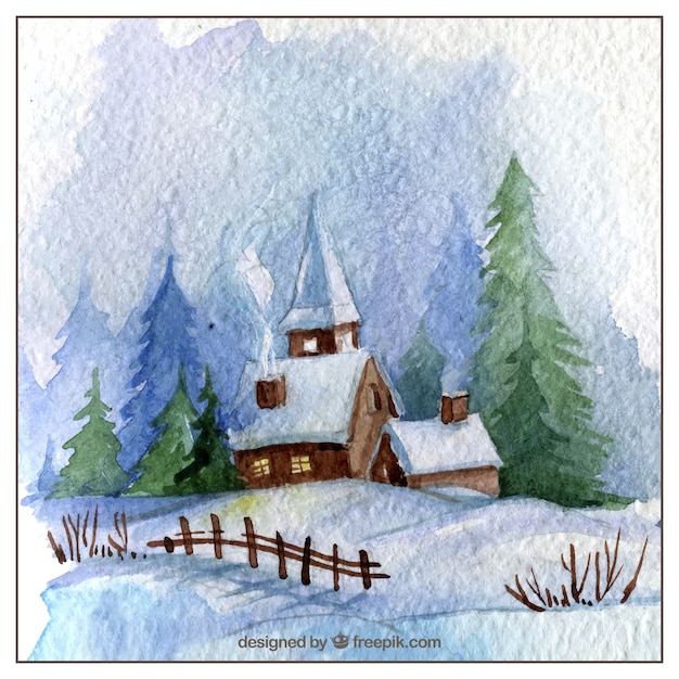 Free vector hand painted snowy church