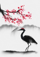 Hand painted traditional japanese themed wall art with sakura and heron
