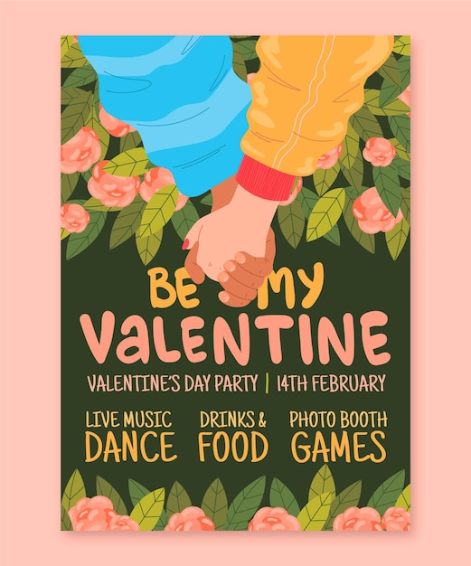 무료 벡터 손으로 그린 발렌타인 파티 포스터 템플릿
