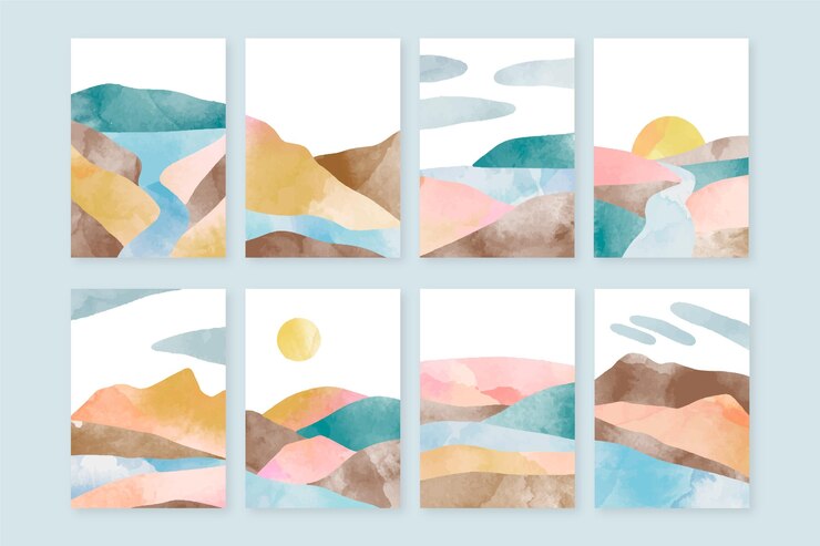 Free Vector hand painted watercolor abstract landscape covers collection