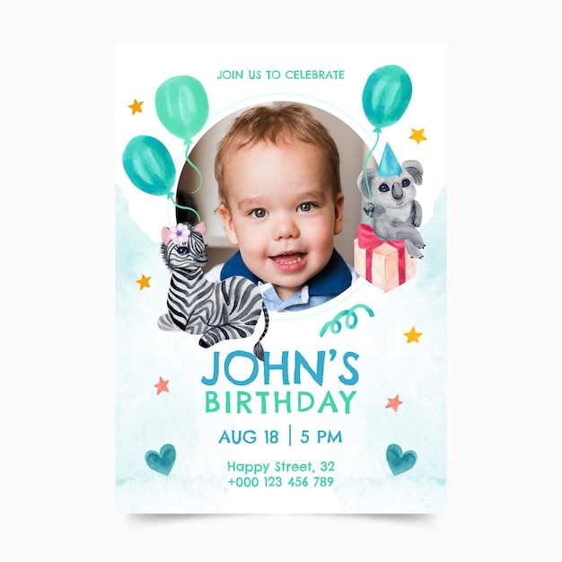 Hand painted watercolor animals birthday invitation template with photo