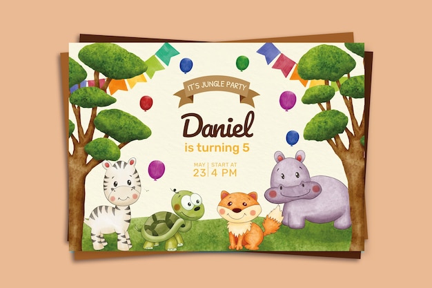 Free vector hand painted watercolor animals birthday invitation template