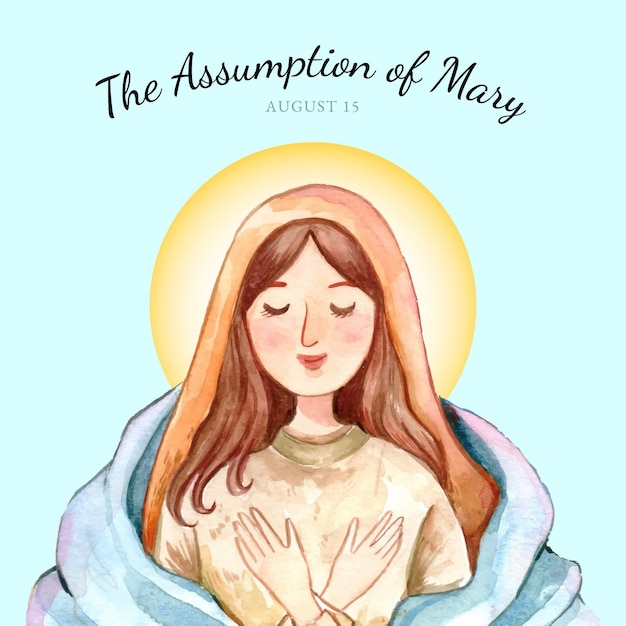 Hand painted watercolor assumption of mary illustration