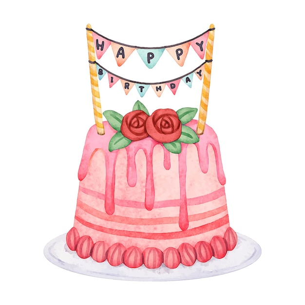 Free vector hand painted watercolor birthday cake with topper