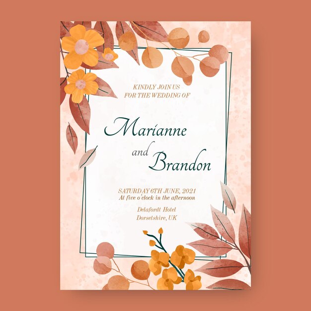 Hand painted watercolor boho wedding invitation template