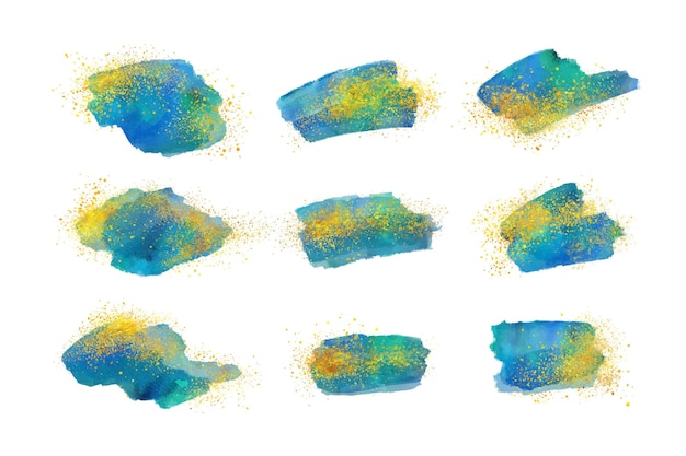 Hand painted watercolor brush strokes collection with gold and glitter