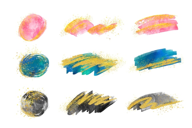 Hand painted watercolor brush strokes collection with gold and glitter