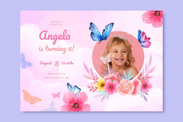 Free vector hand painted watercolor butterfly birthday invitation template with photo