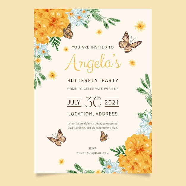 Hand painted watercolor butterfly birthday invitation template