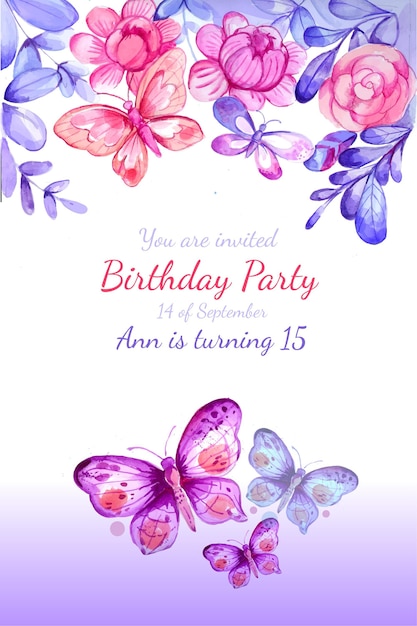 Free vector hand painted watercolor butterfly birthday invitation template