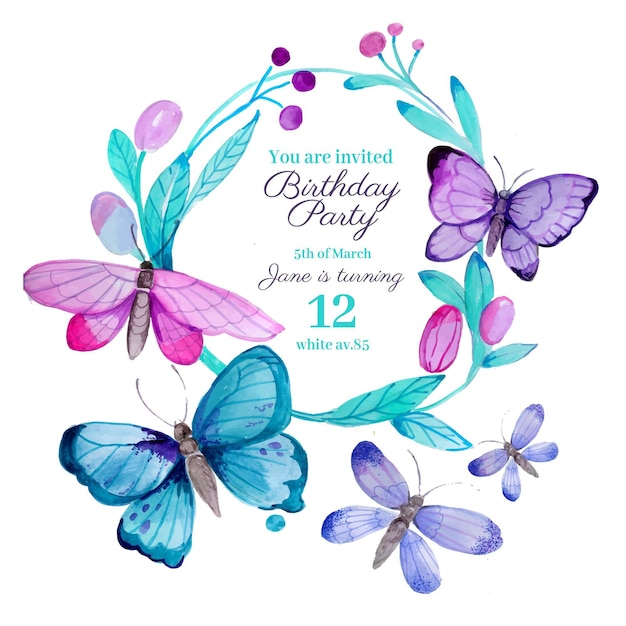 Hand painted watercolor butterfly birthday invitation template