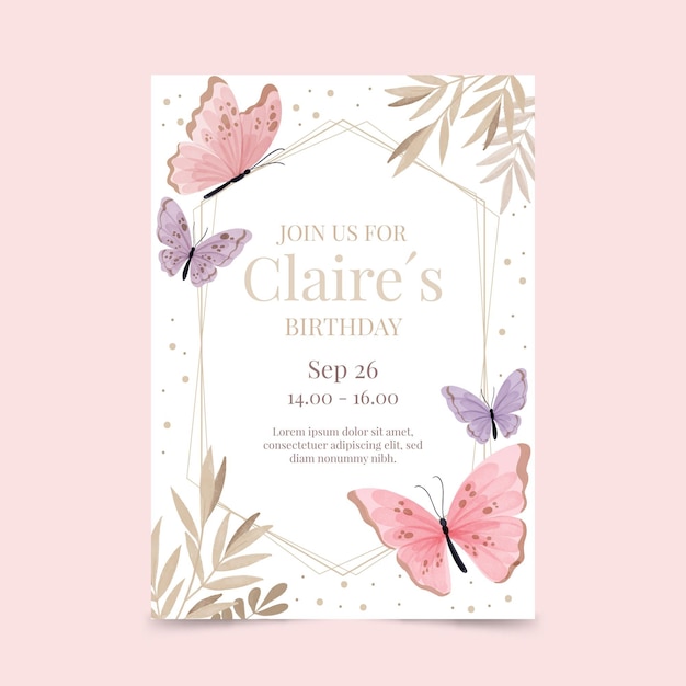 手描きの水彩蝶の誕生日の招待状のテンプレート
