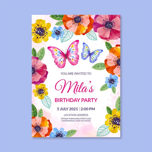 Hand painted watercolor butterfly birthday invitation template