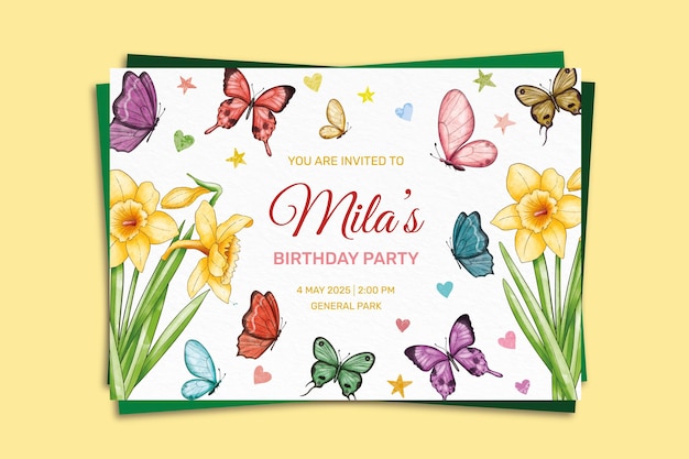 Free vector hand painted watercolor butterfly birthday invitation template