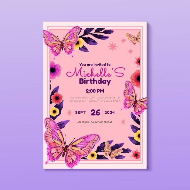 Free vector hand painted watercolor butterfly birthday invitation