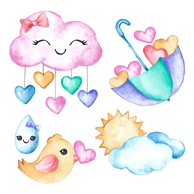 Free vector hand painted watercolor chuva de amor decoration element collection