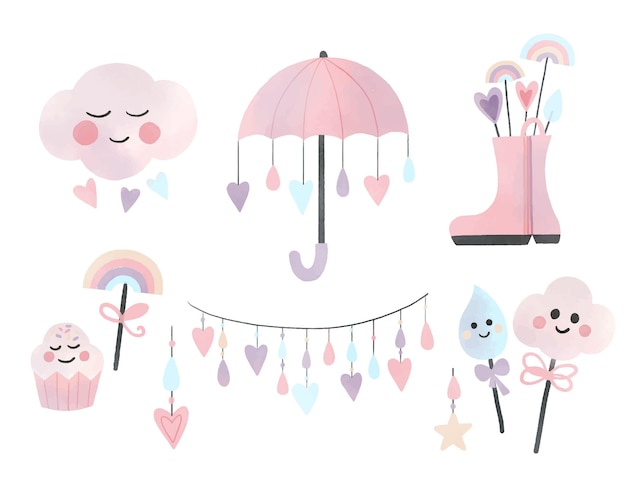 Free vector hand painted watercolor chuva de amor decoration element collection