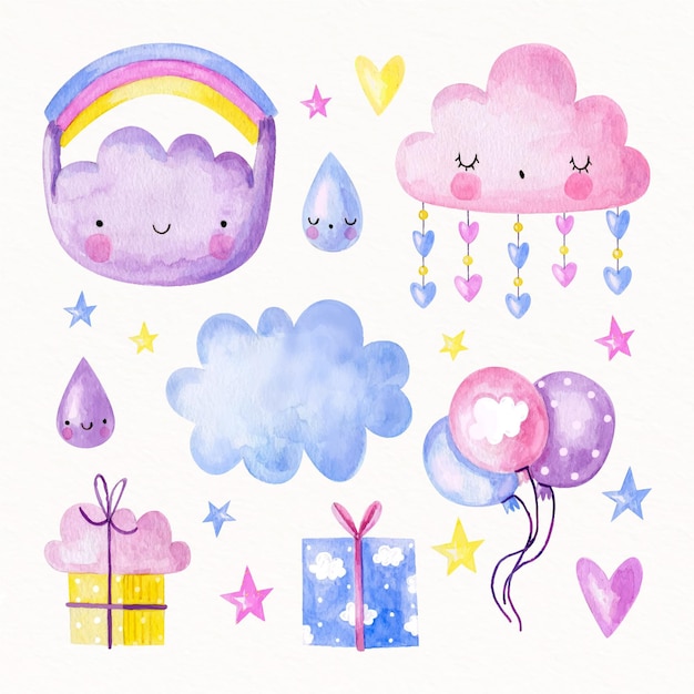 Vettore gratuito collezione di elementi decorativi chuva de amor dell'acquerello dipinto a mano