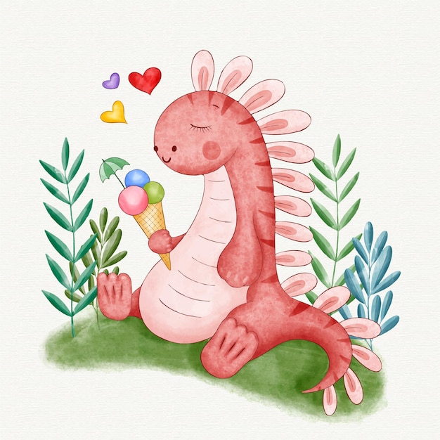 手描きの水彩画のかわいい赤ちゃん恐竜