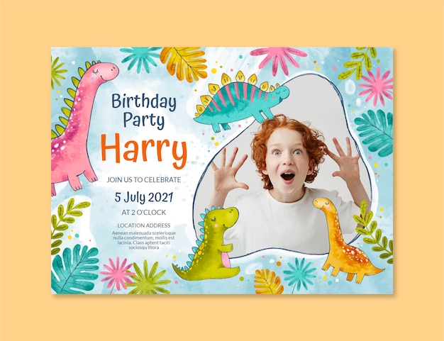 Free vector hand painted watercolor dinosaur birthday invitation template with photo