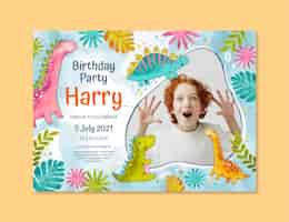 Free vector hand painted watercolor dinosaur birthday invitation template with photo