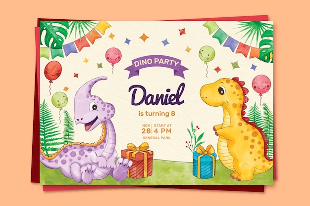 Invito di compleanno di dinosauro dell'acquerello dipinto a mano