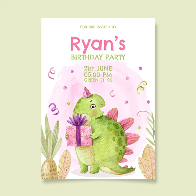 Green Watercolour Dinosaur Personalised Childrens Birthday Party Invitations 