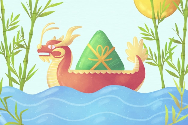 Hand painted watercolor dragon boat's zongzi background