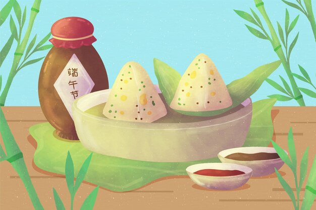 Hand painted watercolor dragon boat's zongzi background