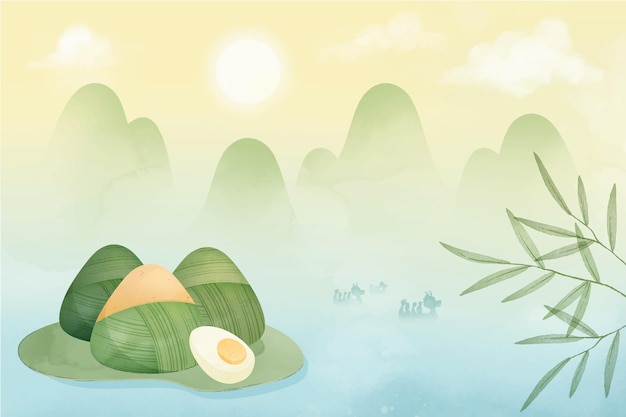 Free vector hand painted watercolor dragon boat's zongzi background