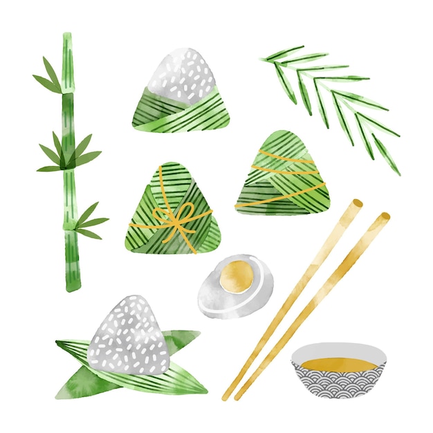 Free vector hand painted watercolor dragon boat's zongzi collection