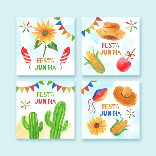 Hand painted watercolor festa junina cards collection