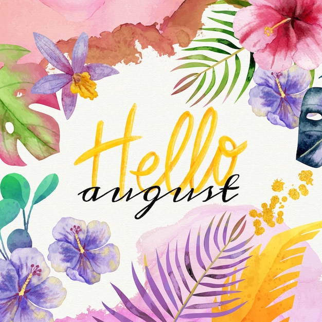 Free vector hand painted watercolor floral august lettering