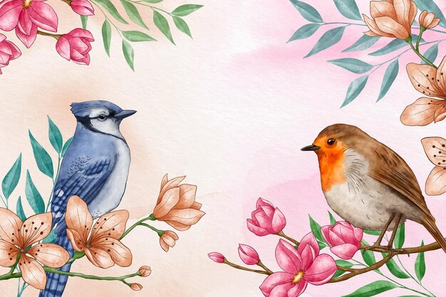 Hand painted watercolor floral birds background