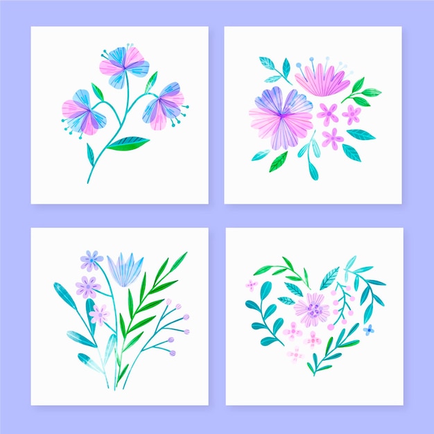 손으로 그린 수채화 꽃 카드 컬렉션