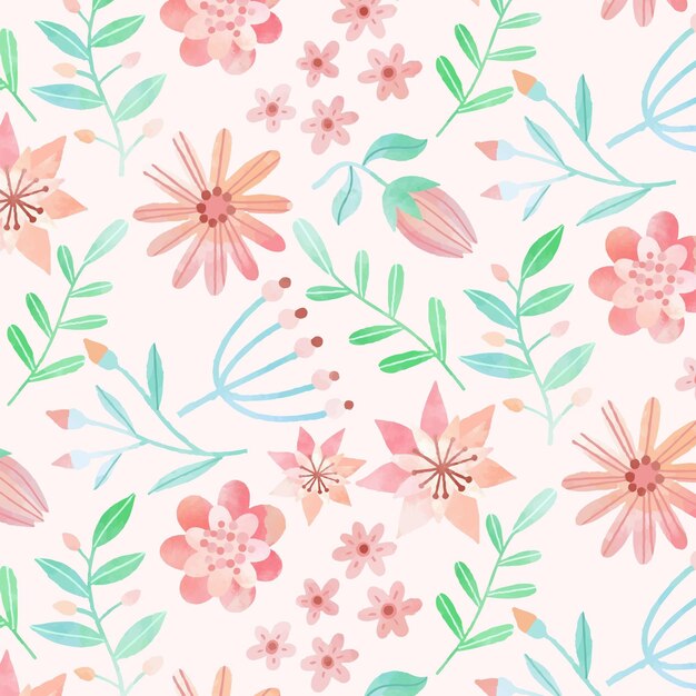 손으로 복숭아 톤의 수채화 꽃 패턴을 그린