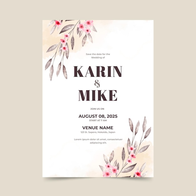 Hand painted watercolor floral wedding invitation template