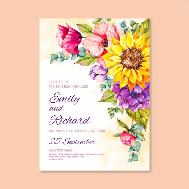 Hand painted watercolor floral wedding invitation template