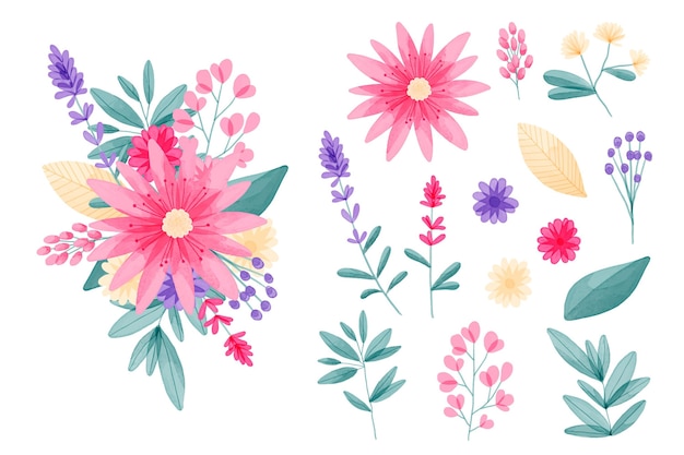 손으로 그린 수채화 꽃 요소 컬렉션