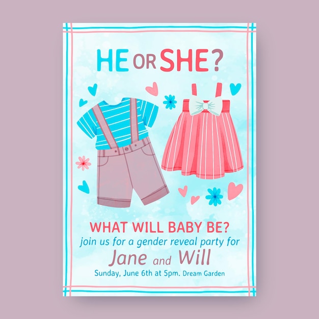 Free vector hand painted watercolor gender reveal invitation