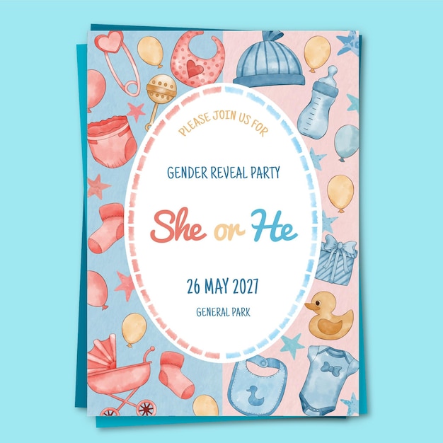 Free vector hand painted watercolor gender reveal invitation