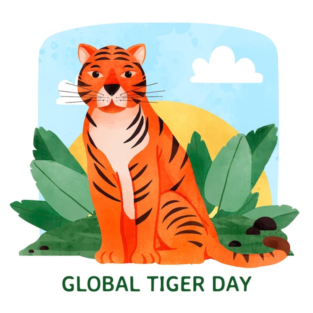 Hand painted watercolor global tiger day illustration