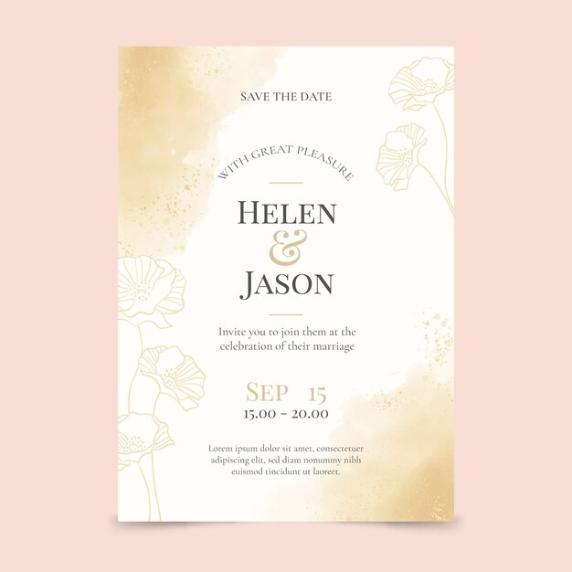 Hand painted watercolor golden wedding invitation template